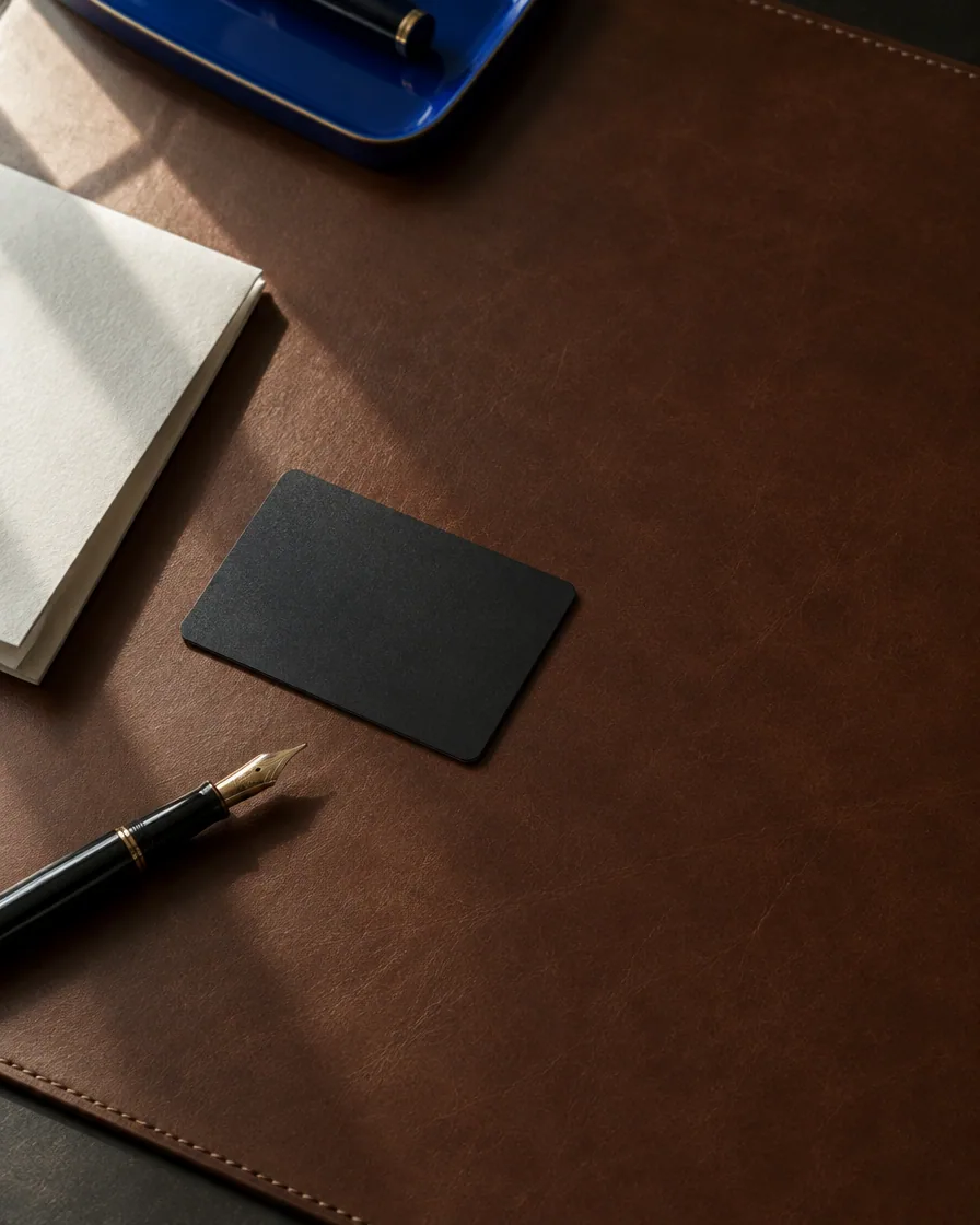 A plain matte black card on a cognac leather desk pad beside a fountain pen in morning light