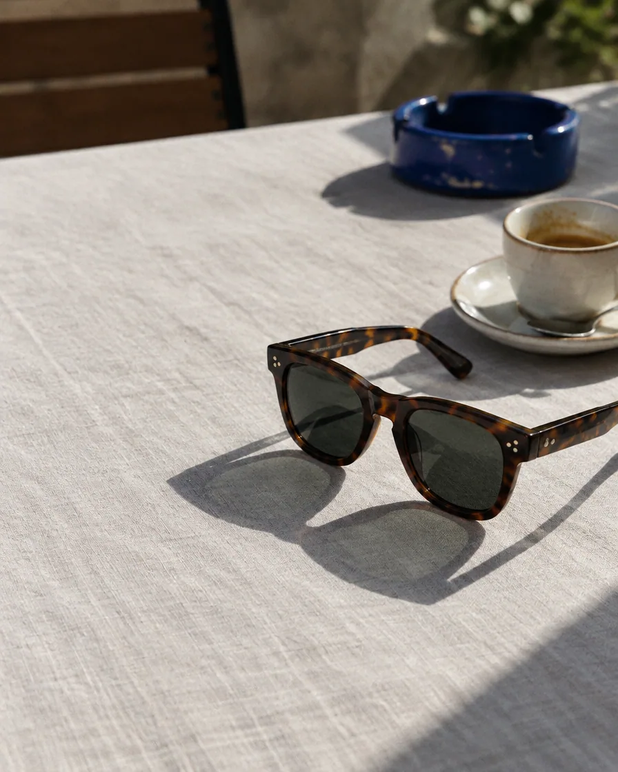 Tortoiseshell sunglasses on white linen beside an espresso cup, one hard late-morning shadow