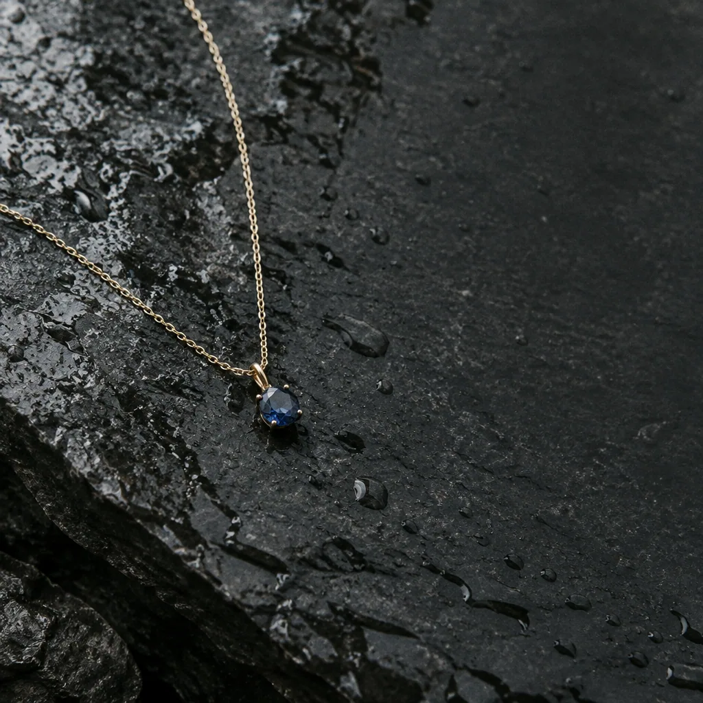 A thin gold chain with a sapphire pendant on wet black slate under soft daylight
