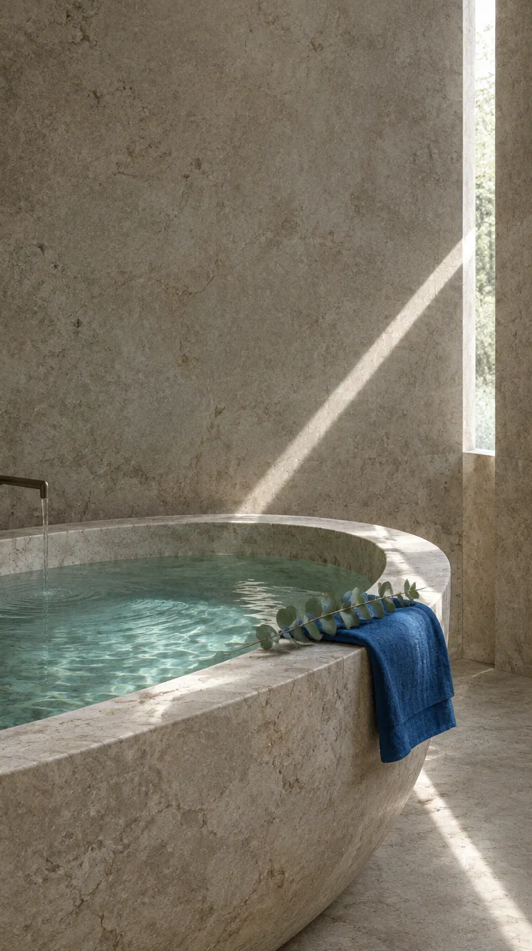 A limestone bathtub filling with water, a cobalt linen towel and eucalyptus on the rim, one hard line of morning light