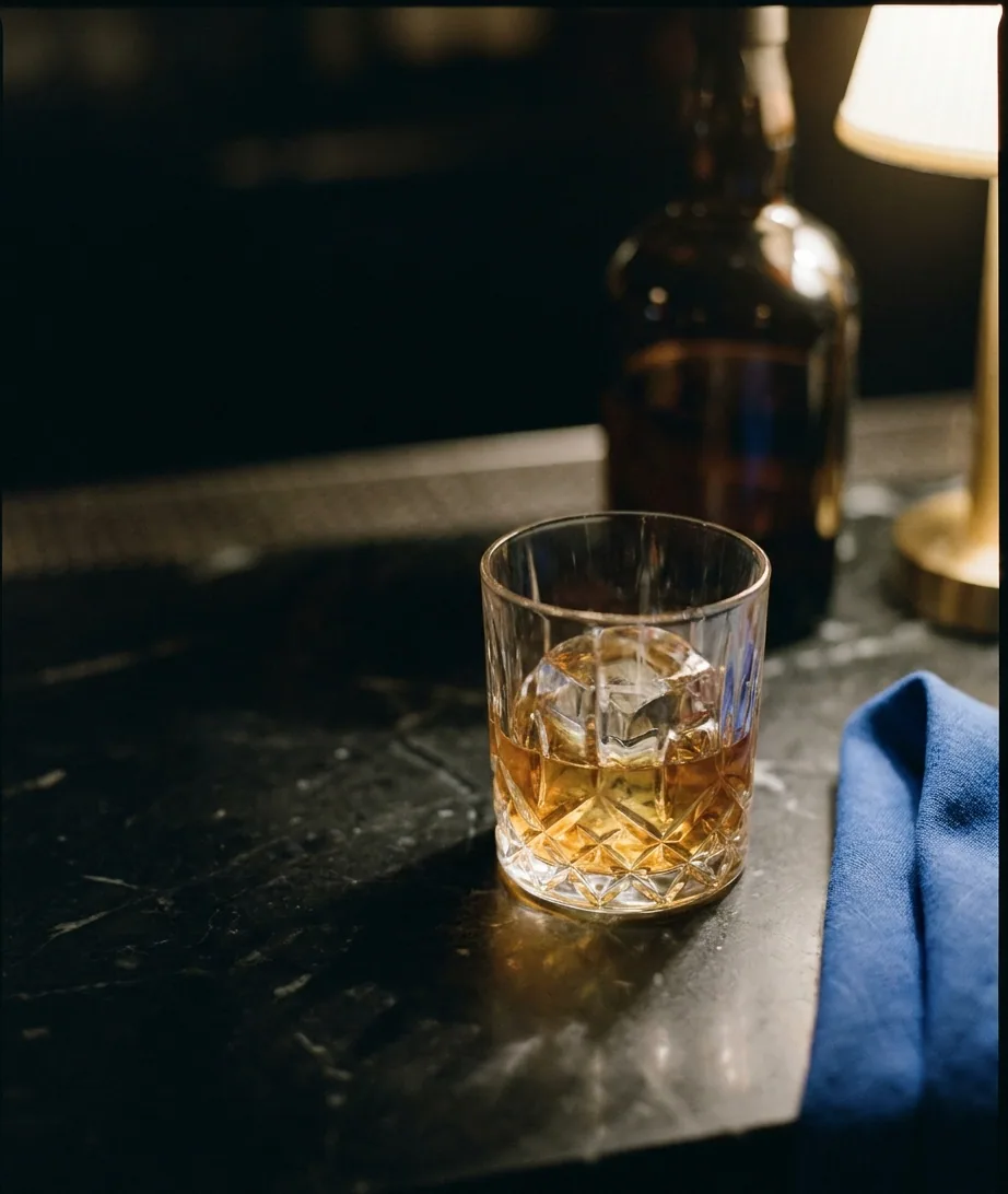 A crystal tumbler of whisky with one clear ice cube on black marble under a single warm lamp, a cobalt napkin at the edge